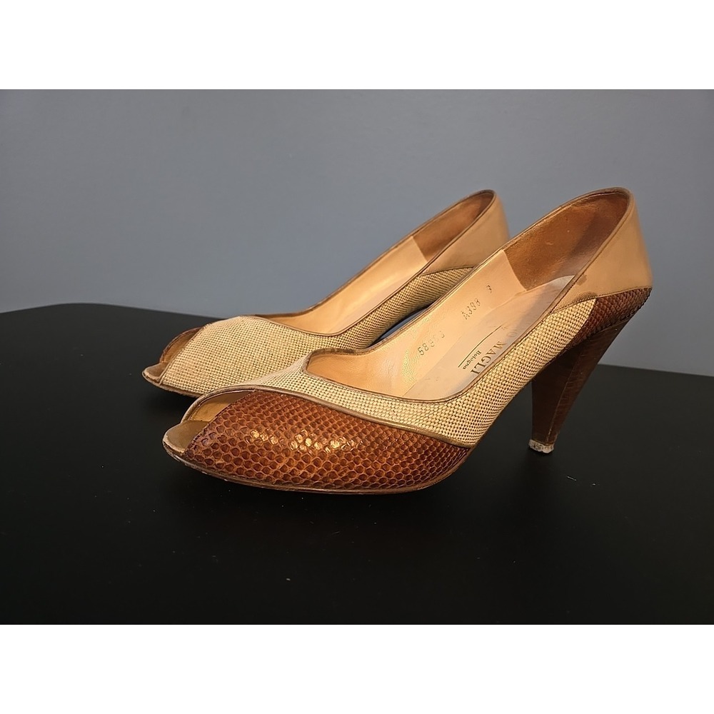 bruno magli womens Leather Beige Brown Open Toe Size 9 Aa Snake Skin‎